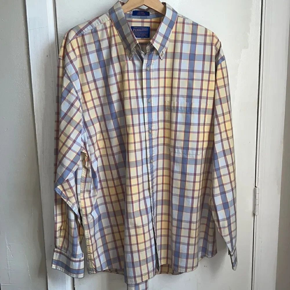 PENDELTON Yellow, Blue, Coral Plaid Cotton Button Up Shirt-XL
